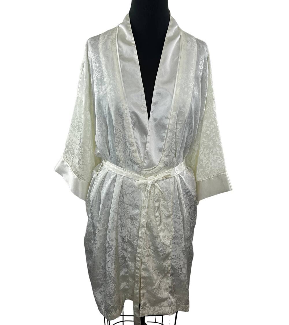 Vintage Victoria's Secret Gold Label White Satin Floral Kimono-Style Robe VTG OS